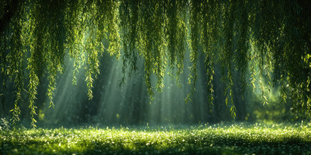 Sunbeams are illuminating a lush green forest with willow trees and fresh grassの素材