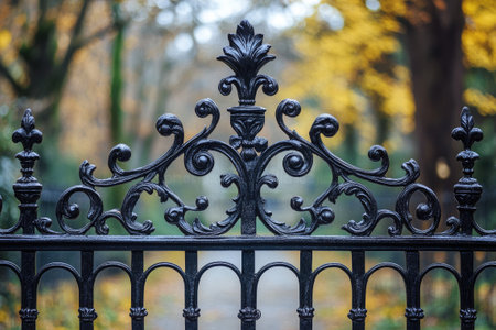 Black metal wrought iron gate with an ornate design, opening onto a path leading to a country houseの素材