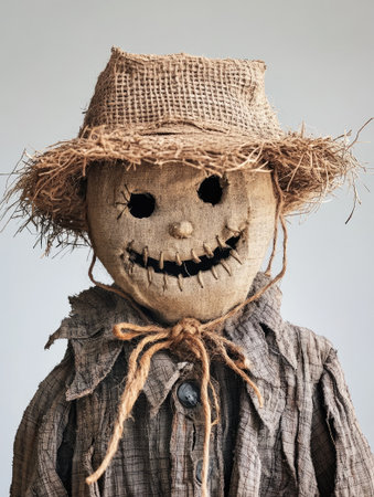 Scarecrow wearing a straw hat and colorful clothes, with a big smile on his faceの素材