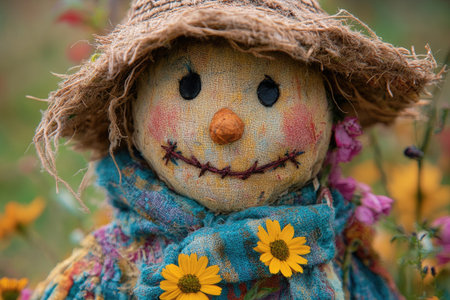 Smiling scarecrow wearing a straw hat and blue scarf surrounded by flowersの素材