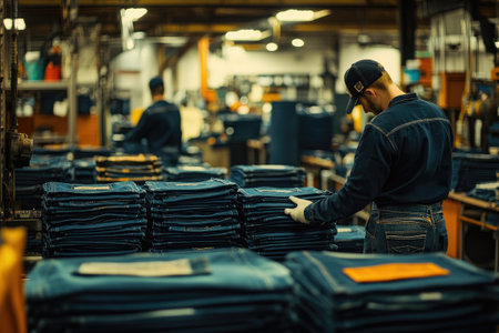 Textile factory worker wearing protective gloves organizing stacks of finished denim jeans in a large garment factoryの素材