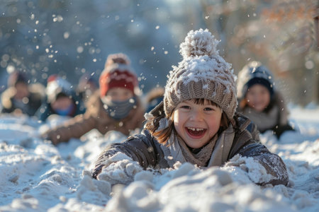 Group of children is enjoying a snowy day outdoors, playing in the fresh snowの素材
