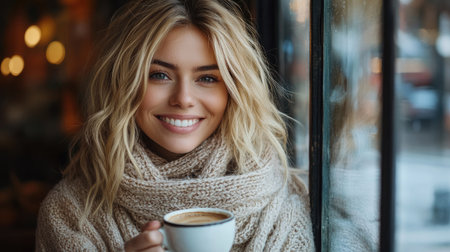 Beautiful young woman is happily smiling while holding a cup of coffee near a window in a cafeの素材