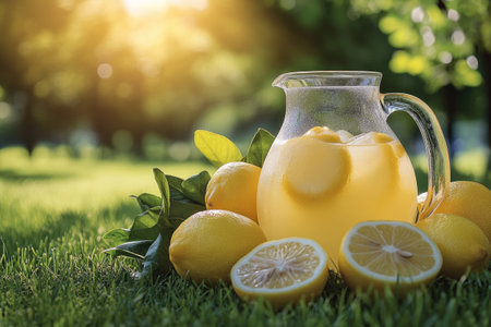 Refreshing pitcher of lemonade is surrounded by lemons on a grassy surface with trees in the backgroundの素材