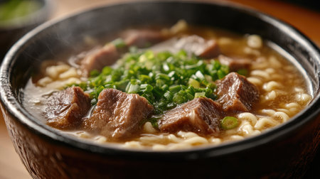 Steaming bowl of noodles is topped with tender beef and fresh green onionsの素材