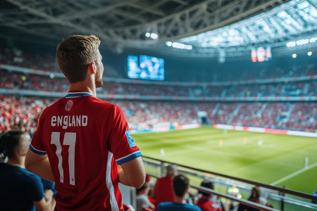 Football fan wearing a red England jersey, watching a game from the bleachers of a crowded stadiumの素材
