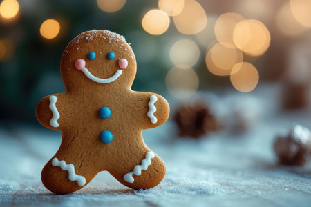 Gingerbread man standing on snow with Christmas lights sparkling in the backgroundの素材