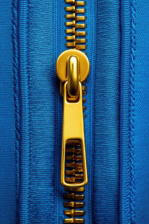 Golden zipper fastener on blue fabric is closing up with macro detail of teethの素材