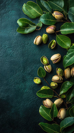 Pistachios with leaves scattered on a dark green background, creating a natural and inviting aestheticの素材