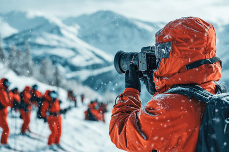 Photographer wearing warm winter clothes taking a picture with a professional camera in snowy mountainsの素材