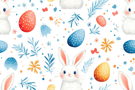 Seamless pattern with cute cartoon bunny holding easter egg surrounded by flowers, leaves and easter eggs, perfect for easter design projectsの素材