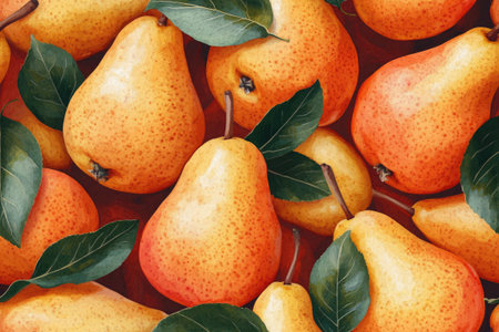 Watercolor illustration of ripe organic pears forming a background with green leavesの素材
