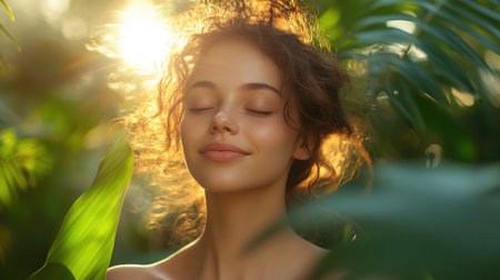 Young woman is smiling with her eyes closed surrounded by lush green plants and warm sunlightの素材