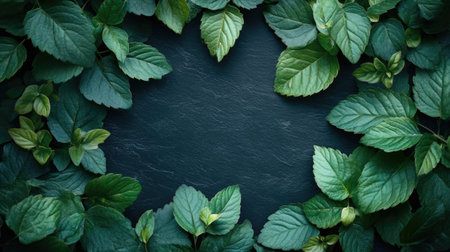 Fresh green leaves forming a frame on a dark background with copy space in the centerの素材
