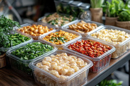 Various ingredients for Asian cuisine are displayed in transparent containers, ready to be incorporated into delicious dishesの素材