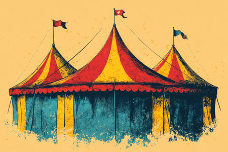 Vintage styled illustration of a large circus tent with flags waving in the breezeの素材