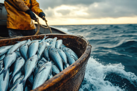 Fisherman is pulling a net full of freshly caught fish onto his boatの素材
