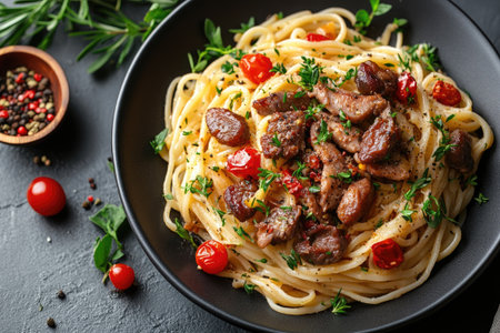 Pasta fettuccine with fried mushroom and parmesan cheese seasoned with spices and parsley on a black plateの素材