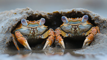 Two crabs looking out of their holes they have dug into the wet sandの素材