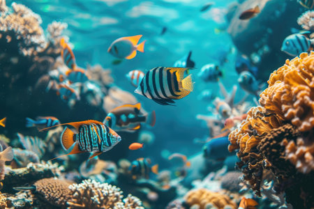 Variety of colorful fish swimming through a coral reef in crystal clear waterの素材