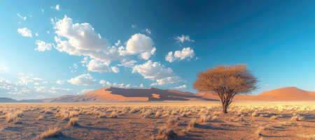 Lone acacia tree is standing in the middle of the desert plains of Sossusvlei, Namibia with dramatic clouds at sunsetの素材