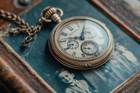 Antique pocket watch laying on a leather bound photo album showing an old black and white family photoの素材