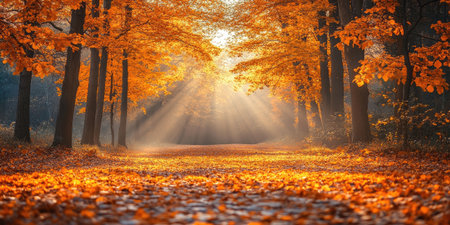 Sun is shining through the trees illuminating a foggy forest with golden light in autumnの素材