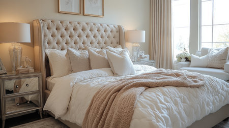 Sunlight streaming through the window is illuminating a large comfortable bed with many soft pillowsの素材