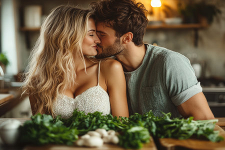 Romantic couple kissing in kitchen behind fresh vegetables during romantic dinner preparations at homeの素材