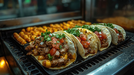 Delicious mexican tacos resting on a grill with potatoes in the backgroundの素材