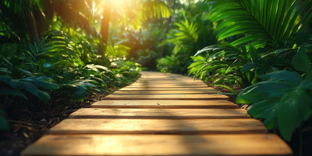 Sun shining through trees on a wooden path surrounded by lush green tropical plantsの素材