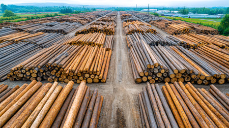 Logging industry stockyard with thousands of debarked timber logs waiting for processingの素材