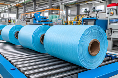 Nonwoven fabric material rolls transporting on a conveyor belt in a manufacturing facilityの素材
