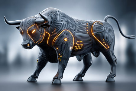 Cybernetic bull sculpture with glowing circuit board patterns symbolizing tech financeの素材