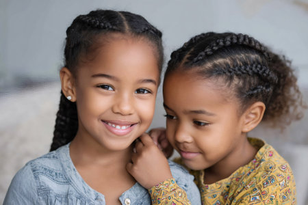 Two young African American sisters smiling, capturing childhood innocence and loving connectionの素材