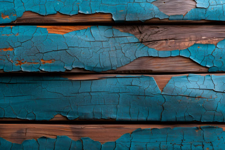 Grunge wooden surface with cracking and peeling blue paintの素材