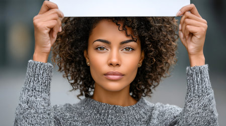 Young woman with serious expression holding a blank white signの素材