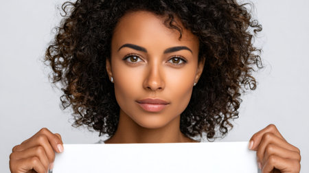 African american woman with curly hair holding a blank white sign for copy spaceの素材