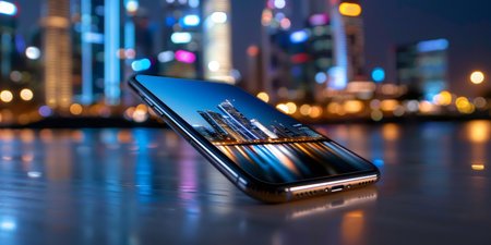 Smartphone showing a modern city skyline and abstract light reflections on its screenの素材