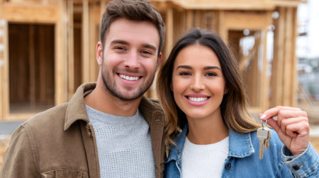 Smiling couple standing together, celebrating new home ownership in front of a house under constructionの素材