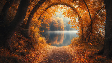 Pathway covered in fallen leaves leads to a peaceful lake surrounded by colorful autumn treesの素材