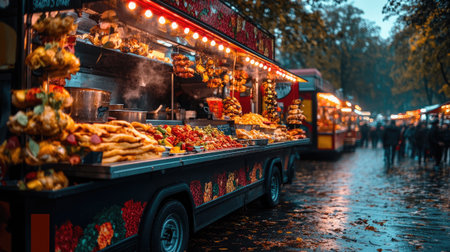 Food truck is offering tasty street food at a Christmas market in the eveningの素材