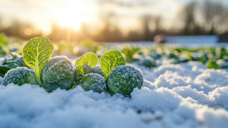 Brussels sprouts plants are growing under a blanket of snow during a beautiful sunset in winterの素材