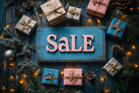 Christmas sale sign with big pink letters surrounded by many gift boxes, pine tree branches, cones and fairy lights on a blue wooden backgroundの素材