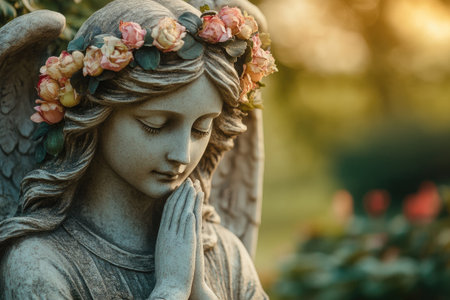 Stone angel statue with a crown of roses is praying serenely in a peaceful cemetery gardenの素材