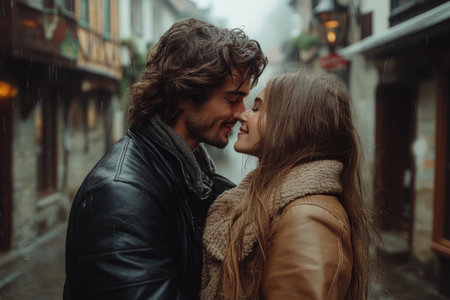 Young couple wearing leather jackets about to kiss in a small street of a typical European city during a rainy dayの素材