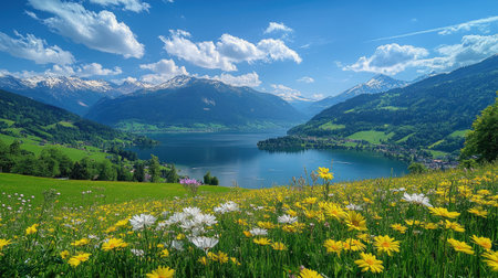 Beautiful landscape of wildflower meadow overlooking alpine lake and mountains in springtimeの素材