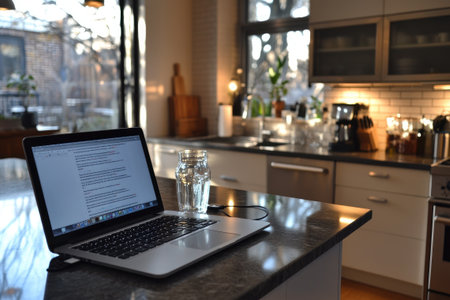 Open laptop sitting on a kitchen counter with a blank document open on the screenの素材