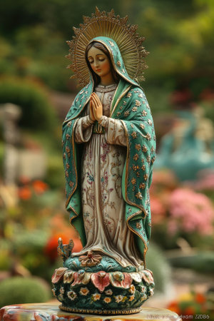 Serene statue of our lady of Guadalupe standing with hands in prayer, surrounded by a lush gardenの素材