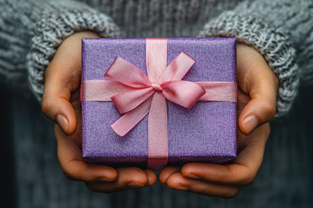 Woman wearing a cozy sweater holding a purple gift with a pink ribbonの素材